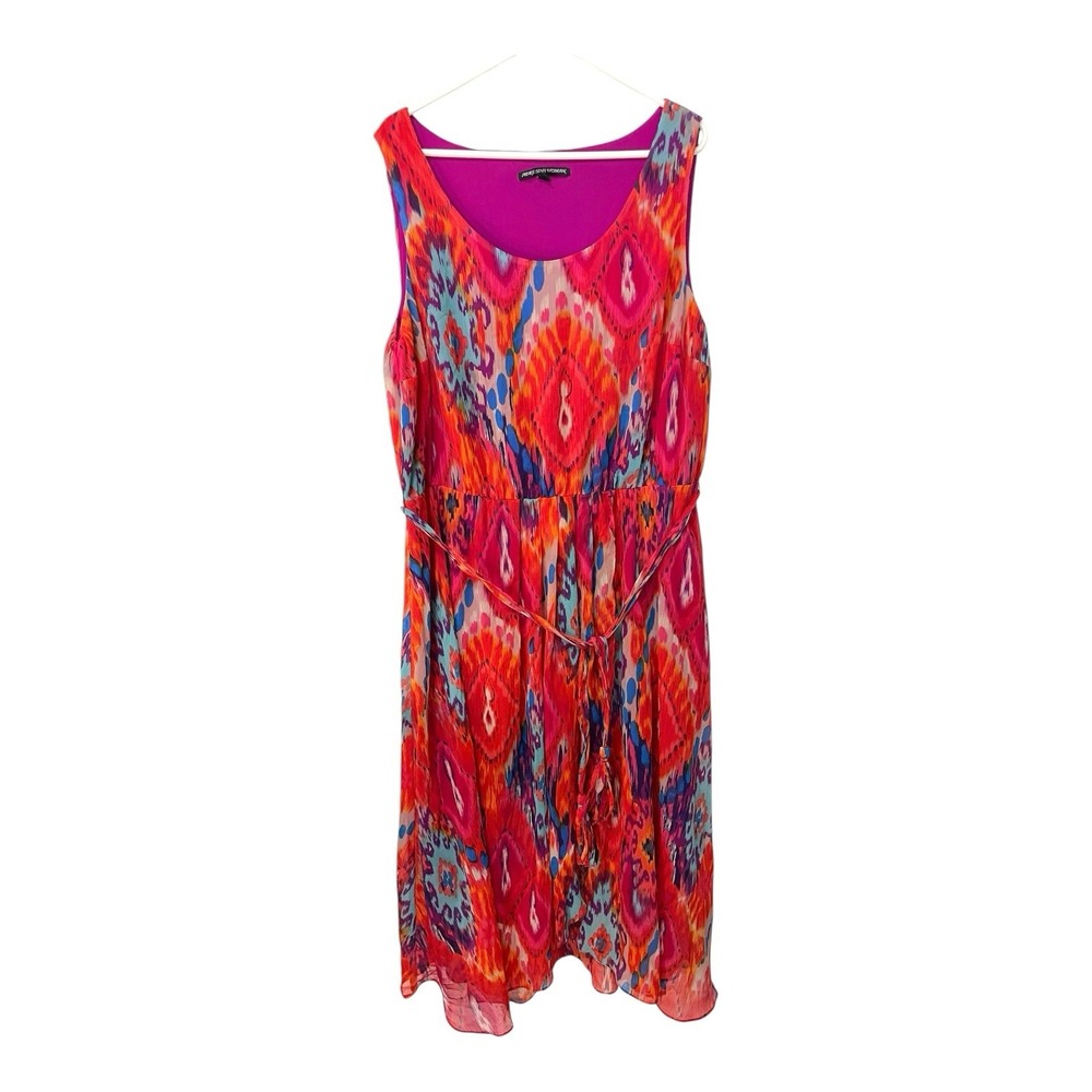 Adressing Woman 2X Pink Ikat Chiffon Midi Dress Sleeveless Tassel Belt Boho